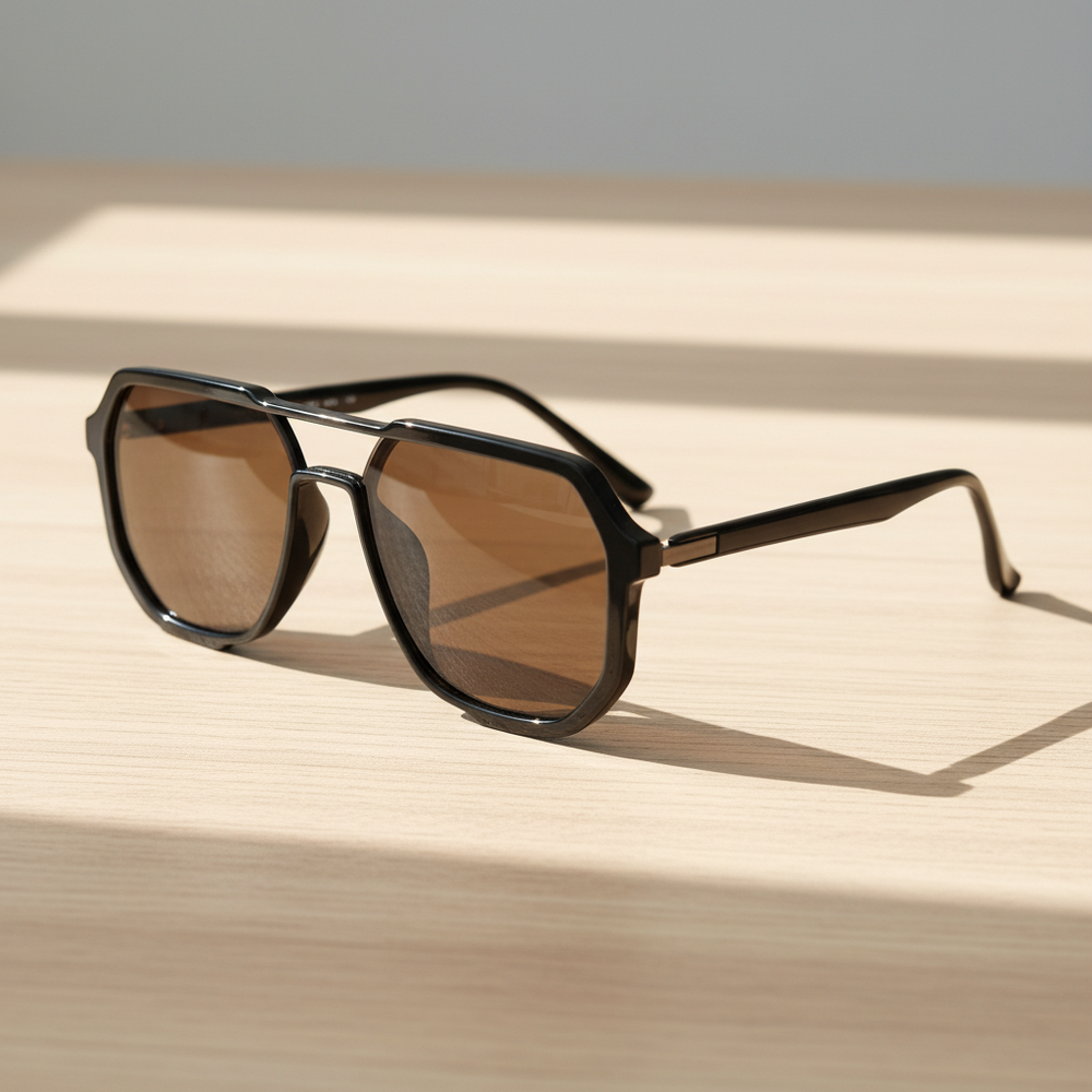 Poppy Brown Tinted Lens Sunglasses - Glossy black Geometric TR90 Frame