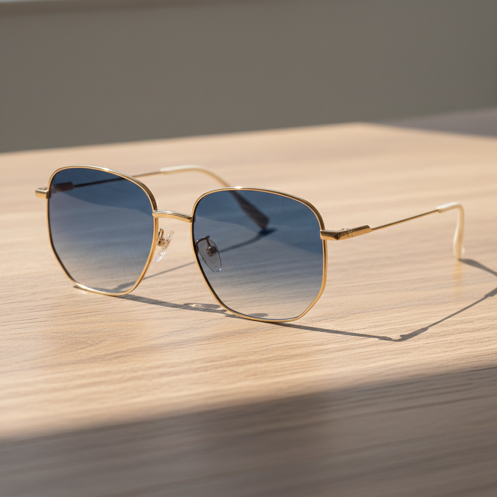 Ruth Blue Gradient Lens Sunglasses - Gold Geometric Metal Frame