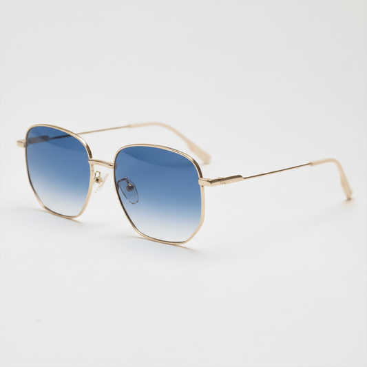 Ruth Blue Gradient Lens Sunglasses - Gold Geometric Metal Frame - Side View