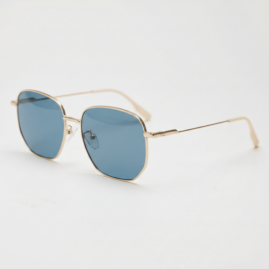 Ruth Blue Tinted Lens Sunglasses - Gold Geometric Metal Frame - Side View
