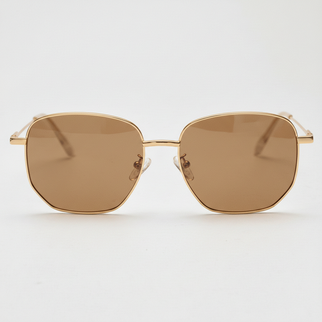 Ruth Brown Tinted Lens Sunglasses - Gold Geometric Metal Frame - Front View
