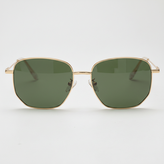 Ruth Green Tinted Lens Sunglasses - Gold Geometric Metal Frame - Front View