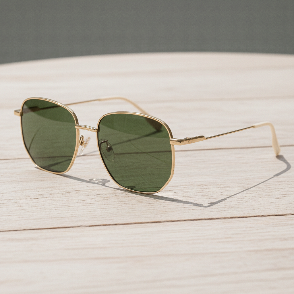 Ruth Green Tinted Lens Sunglasses - Gold Geometric Metal Frame - Lifestyle Shot