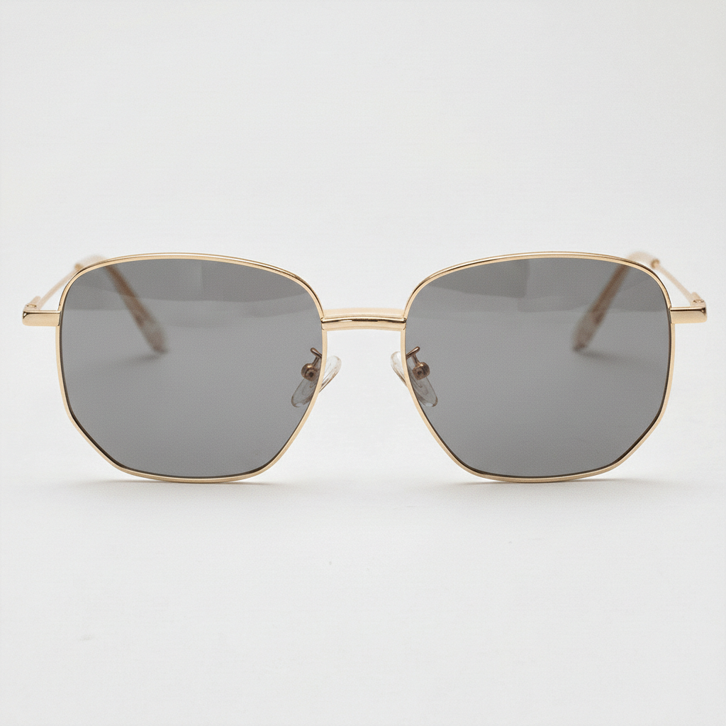 Ruth Grey Tinted Lens Sunglasses - Gold Geometric Metal Frame - Front View