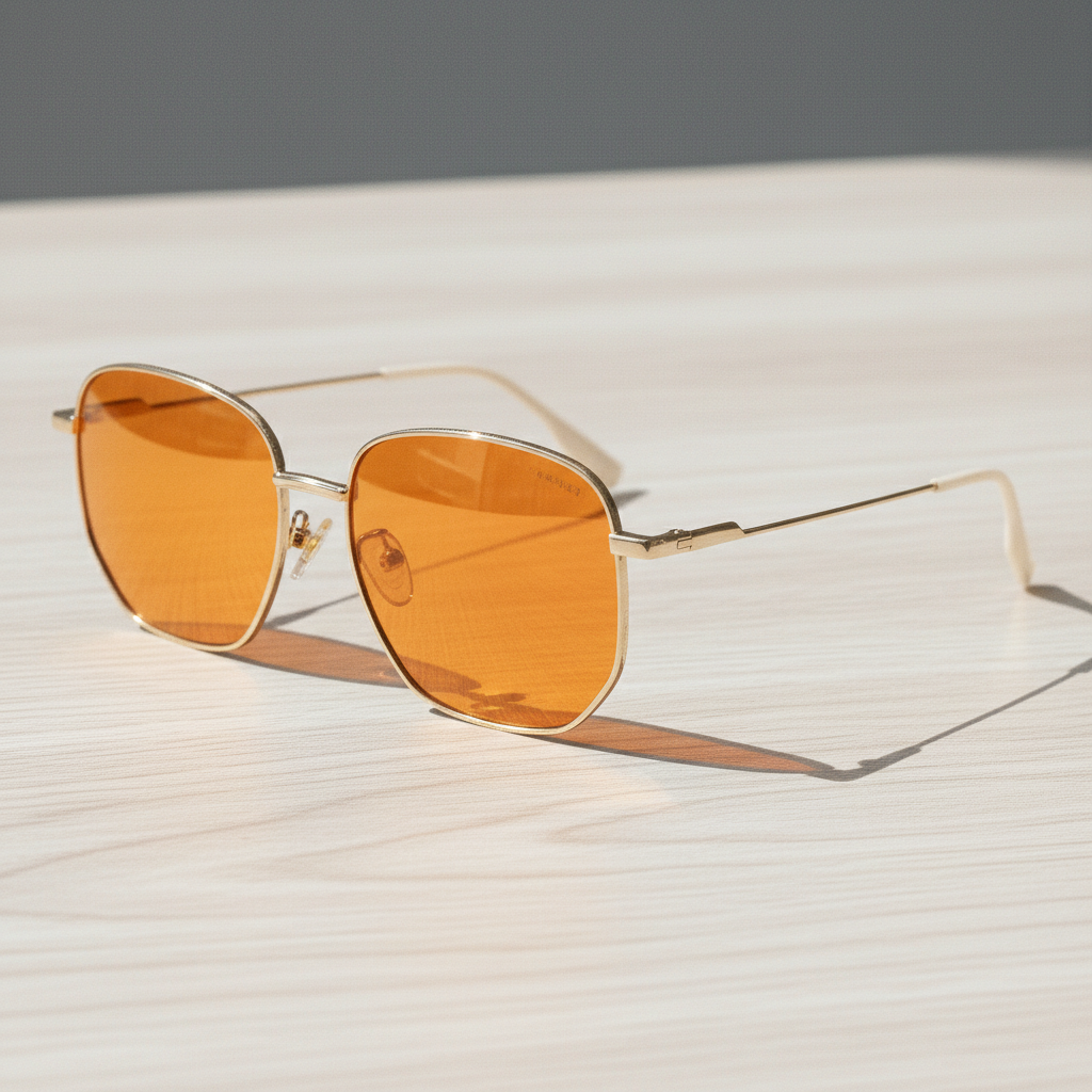 Ruth Orange Tinted Lens Sunglasses - Gold Geometric Metal Frame - Lifestyle Shot