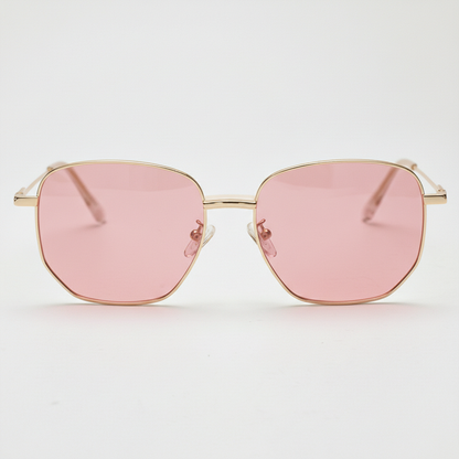 Ruth Pink Tinted Lens Sunglasses - Gold Geometric Metal Frame - Front View