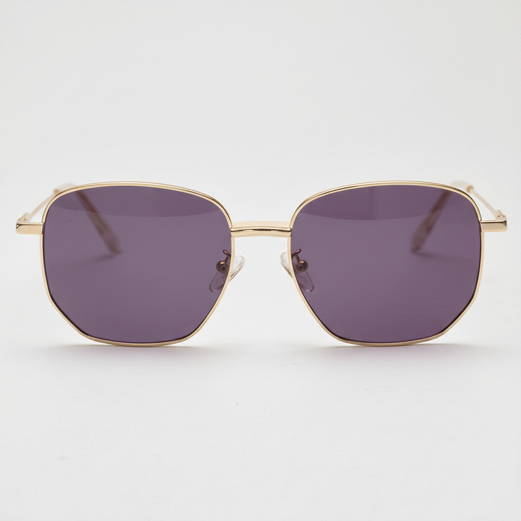 Ruth Purple Tinted Lens Sunglasses - Gold Geometric Metal Frame - Front View