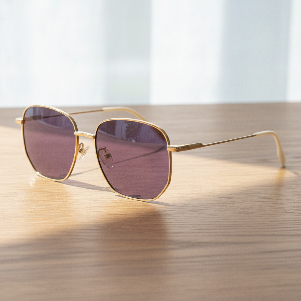Ruth Purple Tinted Lens Sunglasses - Gold Geometric Metal Frame