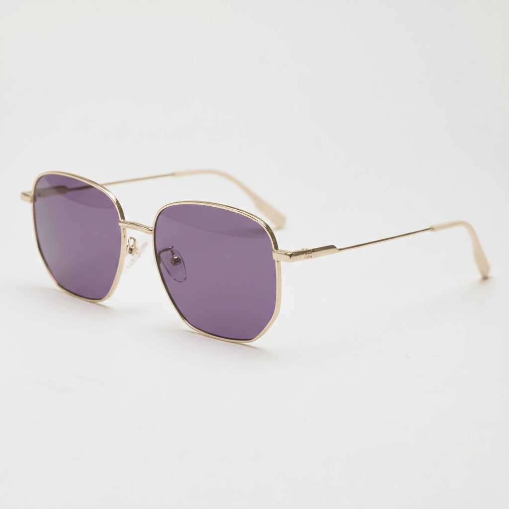 Ruth Purple Tinted Lens Sunglasses - Gold Geometric Metal Frame - Side View