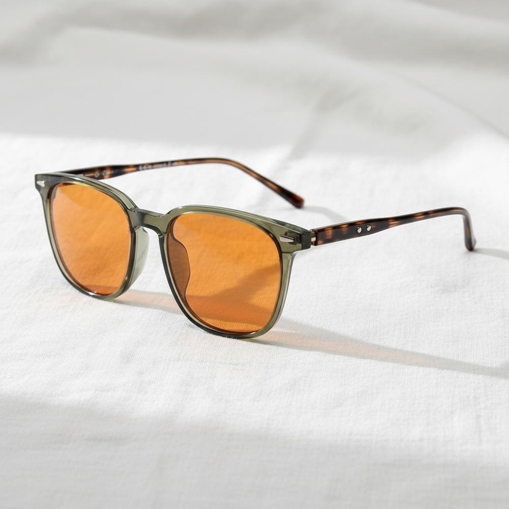 Sherry Orange Tinted Lens Sunglasses - Olive green Square TR90 Frame