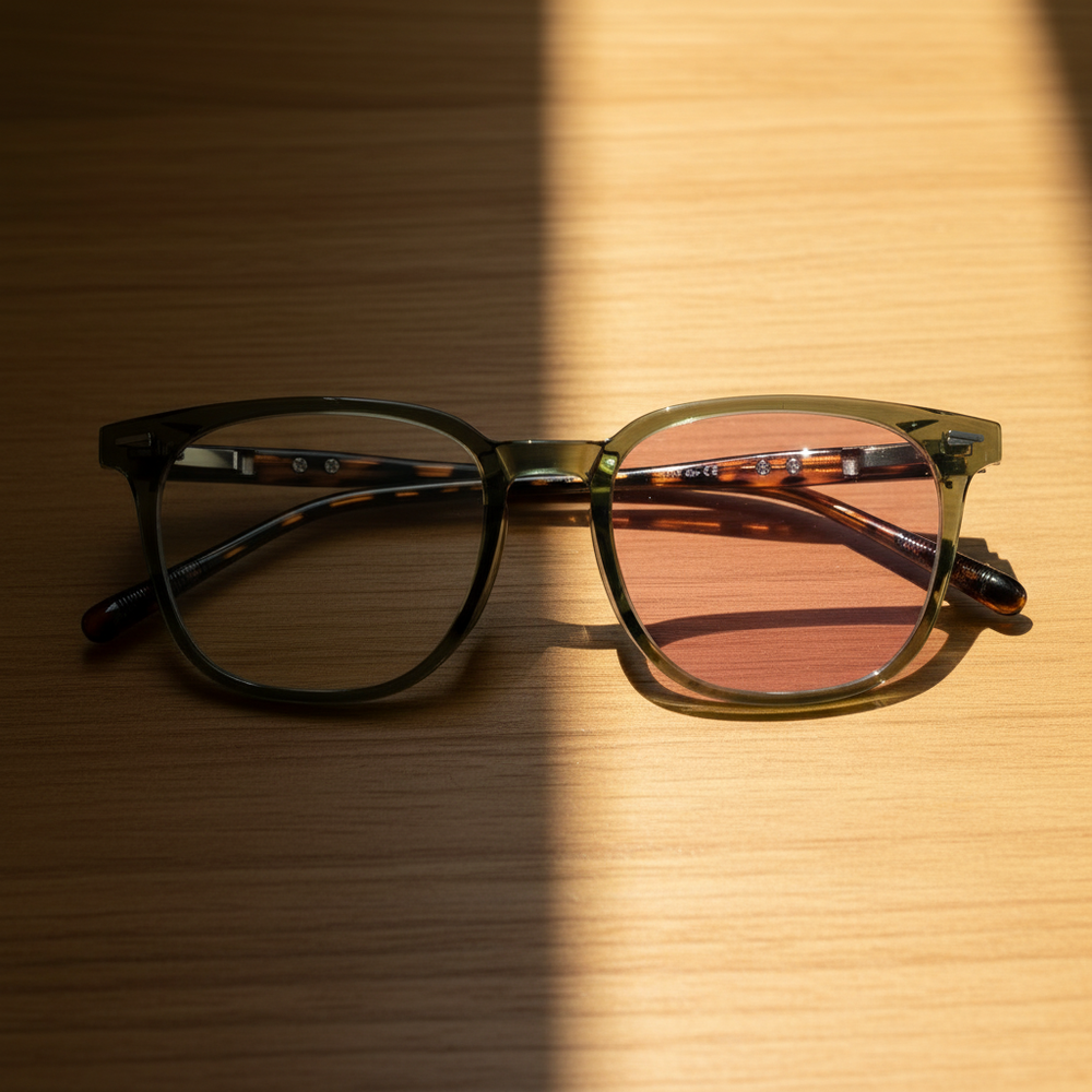 Sherry Pink Photochromic Lens Glasses - Olive green Square TR90 Frame