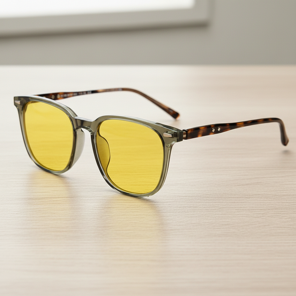 Sherry Night Driving Glasses (Yellow Tint) - Olive green Square TR90 Frame