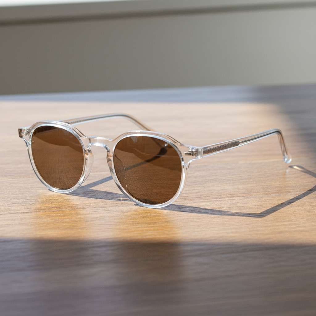 Susan Brown Tinted Lens Sunglasses - Clear Geometric TR90 Frame - Lifestyle Shot