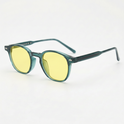 Tina Yellow Tinted Lens Sunglasses - Green Round TR90 Frame - Side View