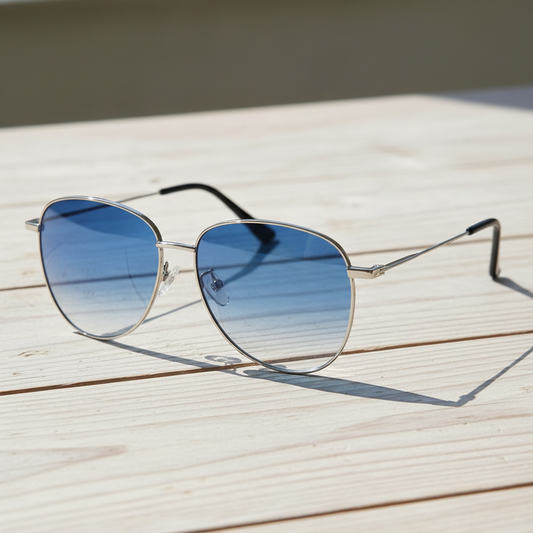 Zoe Blue Gradient Lens Sunglasses - Silver Aviator Metal Frame - Lifestyle Shot