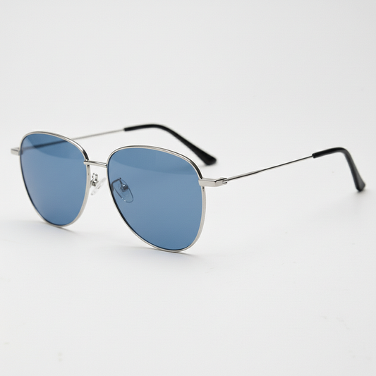 Zoe Blue Tinted Lens Sunglasses - Silver Aviator Metal Frame - Side View