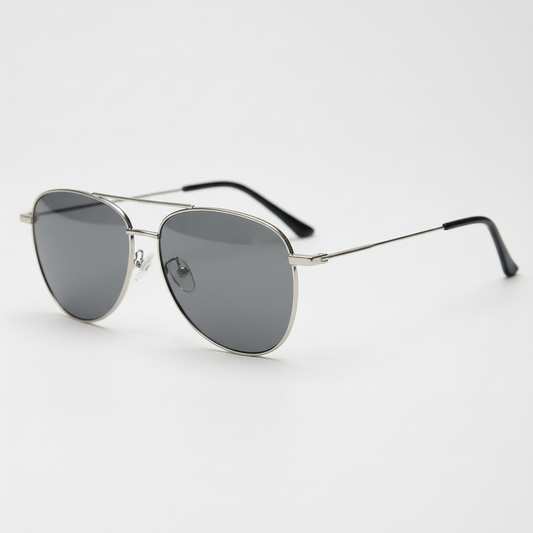 Zoe Grey Tinted Lens Sunglasses - Silver Aviator Metal Frame - Side View