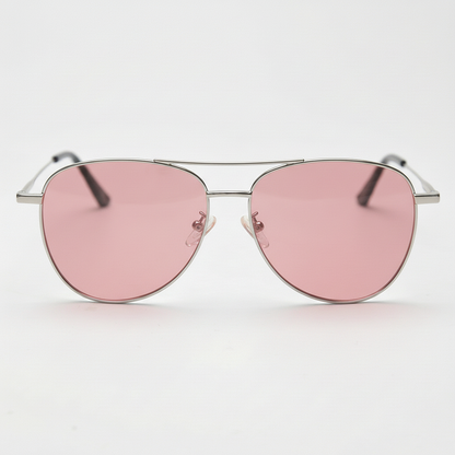 Zoe Pink Tinted Lens Sunglasses - Silver Aviator Metal Frame - Front View